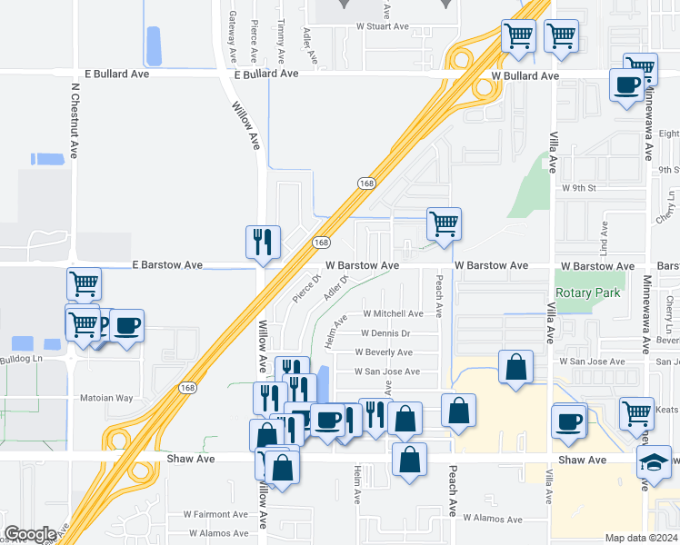 map of restaurants, bars, coffee shops, grocery stores, and more near 642 West Barstow Avenue in Clovis