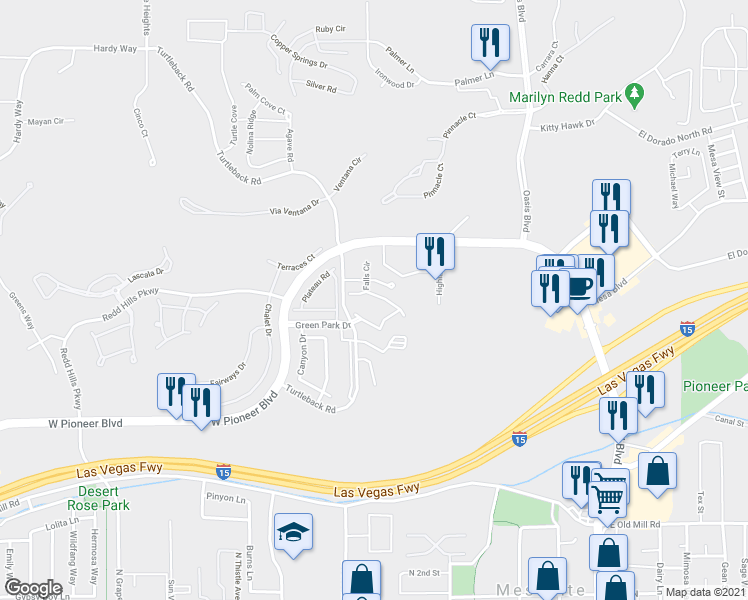 map of restaurants, bars, coffee shops, grocery stores, and more near 374 Colleen Court in Mesquite