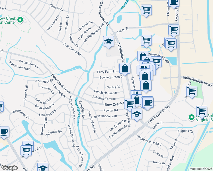 map of restaurants, bars, coffee shops, grocery stores, and more near 709 Burgesses Lane in Virginia Beach