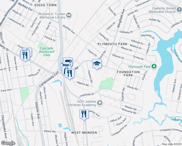 map of restaurants, bars, coffee shops, grocery stores, and more near 1215 Yeadon Road in Chesapeake