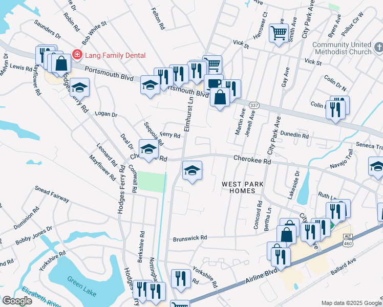 map of restaurants, bars, coffee shops, grocery stores, and more near 1014 Cherokee Road in Portsmouth