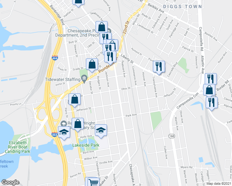 map of restaurants, bars, coffee shops, grocery stores, and more near 1200 Chesapeake Avenue in Chesapeake