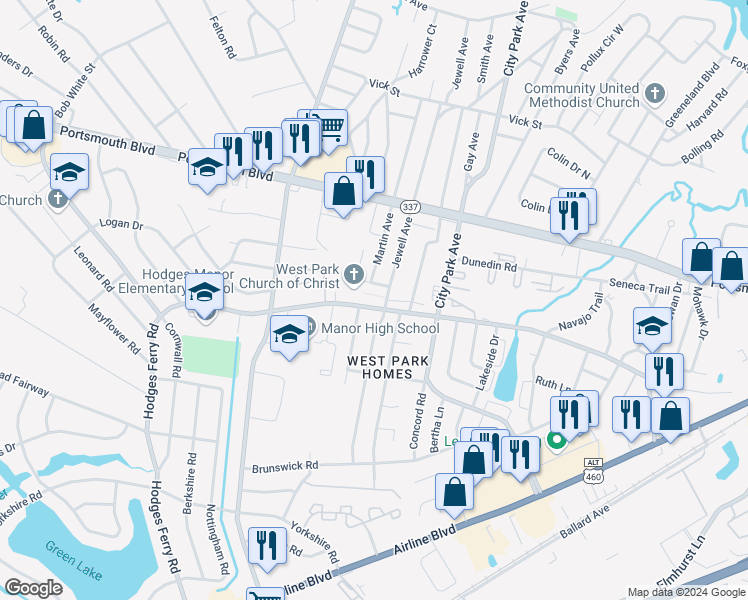 map of restaurants, bars, coffee shops, grocery stores, and more near 910 Cherokee Road in Portsmouth