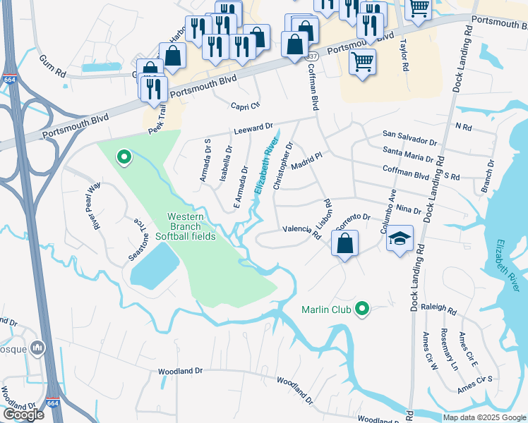 map of restaurants, bars, coffee shops, grocery stores, and more near 2008 Christopher Drive in Chesapeake
