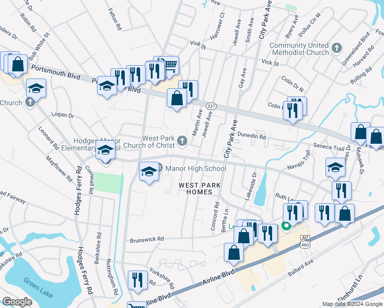 map of restaurants, bars, coffee shops, grocery stores, and more near 910 Cherokee Road in Portsmouth