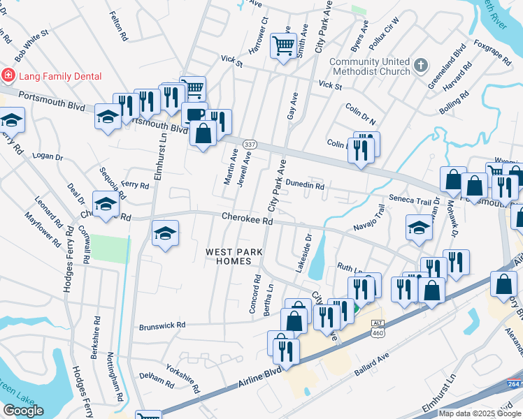 map of restaurants, bars, coffee shops, grocery stores, and more near 900 Bailey Place in Portsmouth