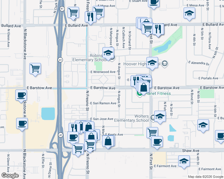 map of restaurants, bars, coffee shops, grocery stores, and more near 557 East Barstow Avenue in Fresno