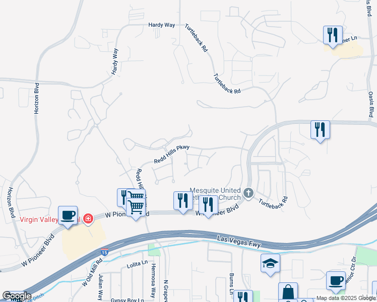 map of restaurants, bars, coffee shops, grocery stores, and more near 577 Trailside Way in Mesquite