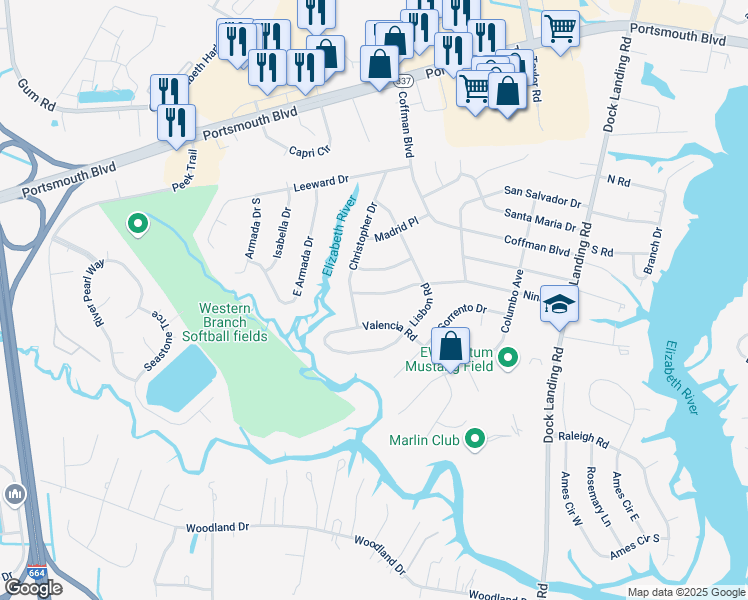 map of restaurants, bars, coffee shops, grocery stores, and more near 4221 Nina Drive in Chesapeake