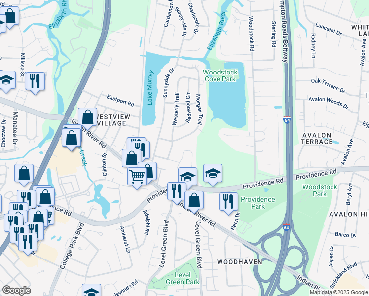 map of restaurants, bars, coffee shops, grocery stores, and more near 833 Trillium Place in Virginia Beach