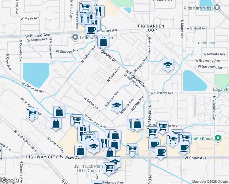 map of restaurants, bars, coffee shops, grocery stores, and more near 4245 West Capitola Avenue in Fresno