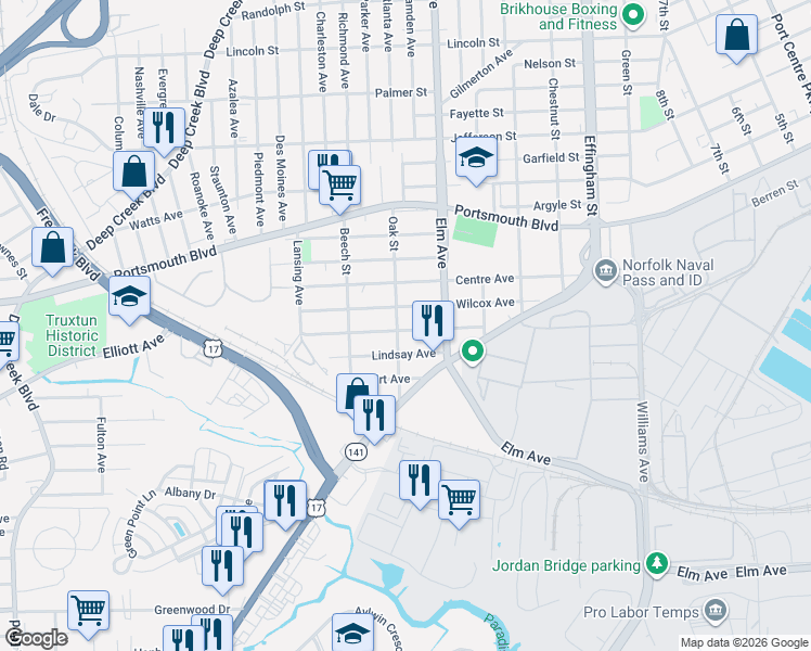 map of restaurants, bars, coffee shops, grocery stores, and more near 502 Oak Street in Portsmouth