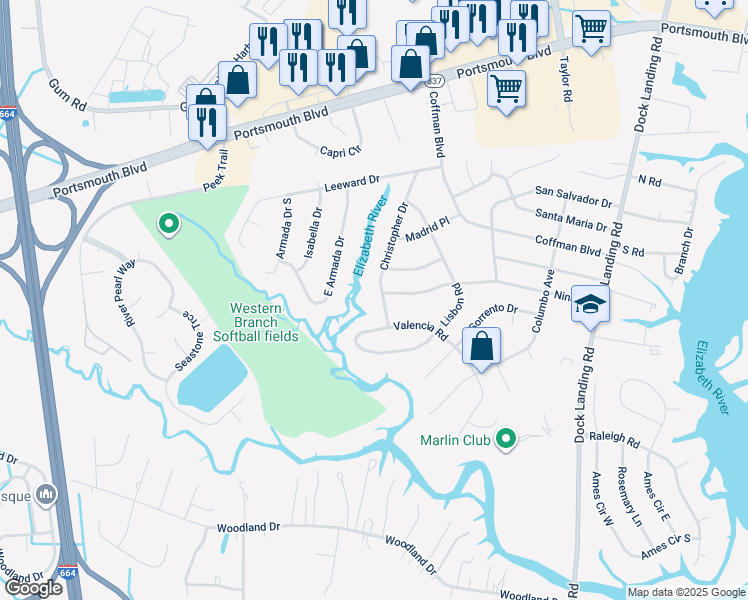 map of restaurants, bars, coffee shops, grocery stores, and more near 2008 Christopher Drive in Chesapeake