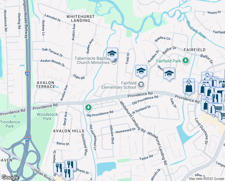 map of restaurants, bars, coffee shops, grocery stores, and more near 716 Kennesaw Court in Virginia Beach
