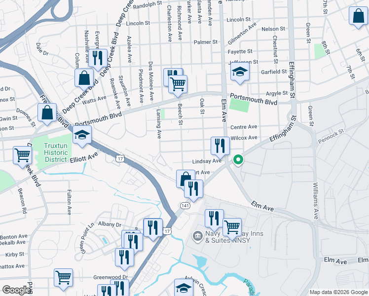 map of restaurants, bars, coffee shops, grocery stores, and more near 1437 Wilcox Avenue in Portsmouth