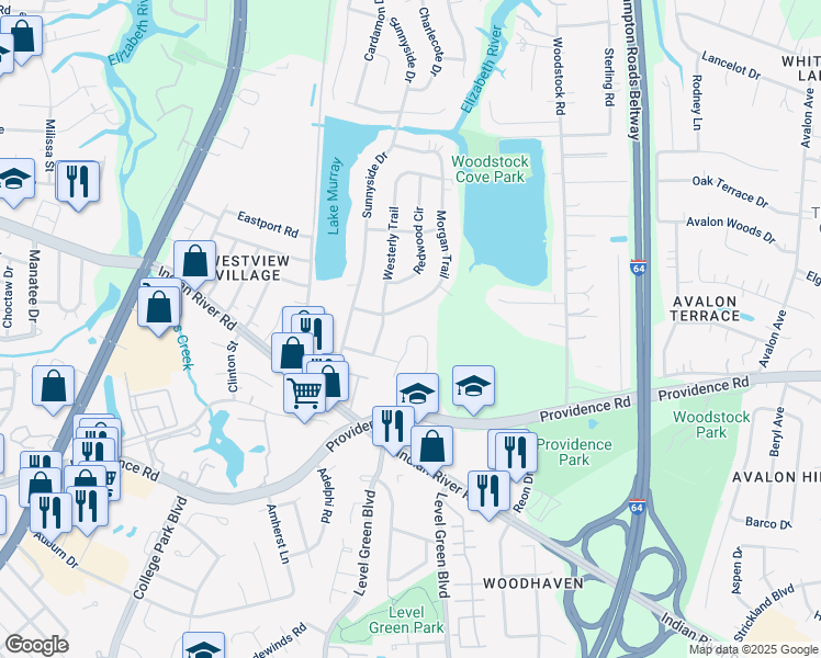 map of restaurants, bars, coffee shops, grocery stores, and more near 833 Trillium Place in Virginia Beach