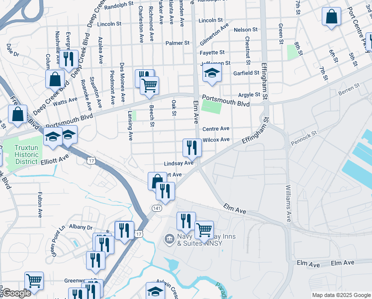 map of restaurants, bars, coffee shops, grocery stores, and more near 1224 Marshall Avenue in Portsmouth