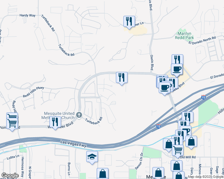 map of restaurants, bars, coffee shops, grocery stores, and more near 339 Colleen Court in Mesquite