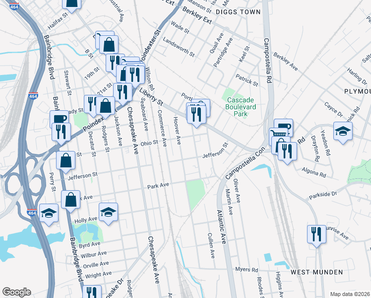 map of restaurants, bars, coffee shops, grocery stores, and more near 1206 Transylvania Avenue in Chesapeake