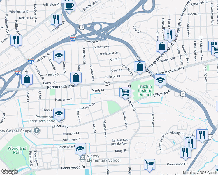 map of restaurants, bars, coffee shops, grocery stores, and more near 2611 Portsmouth Boulevard in Portsmouth