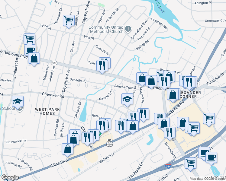 map of restaurants, bars, coffee shops, grocery stores, and more near 158 Navajo Trail in Portsmouth