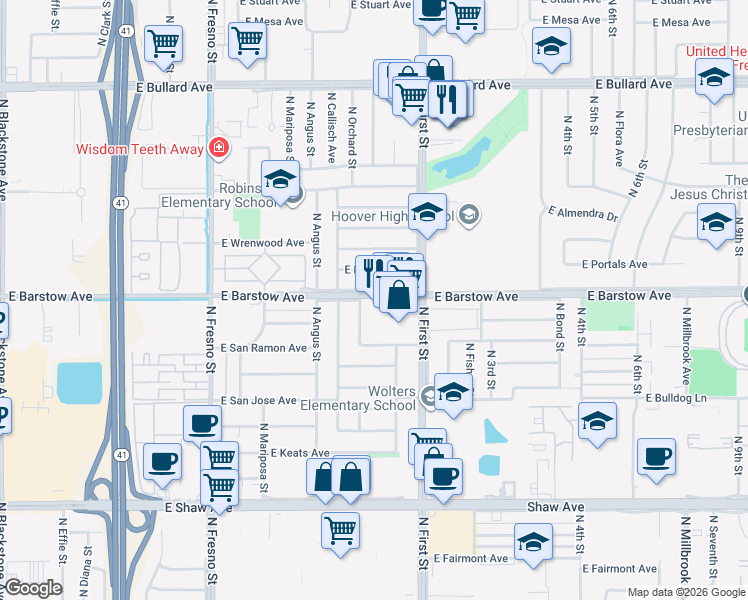 map of restaurants, bars, coffee shops, grocery stores, and more near 674 East Barstow Avenue in Fresno