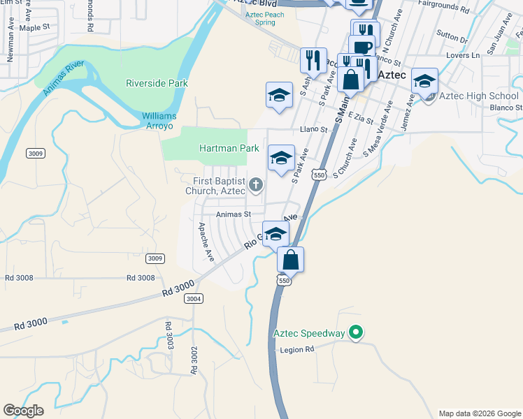 map of restaurants, bars, coffee shops, grocery stores, and more near 700 Navajo Avenue in Aztec