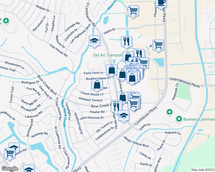 map of restaurants, bars, coffee shops, grocery stores, and more near 3008 Gentry Road in Virginia Beach