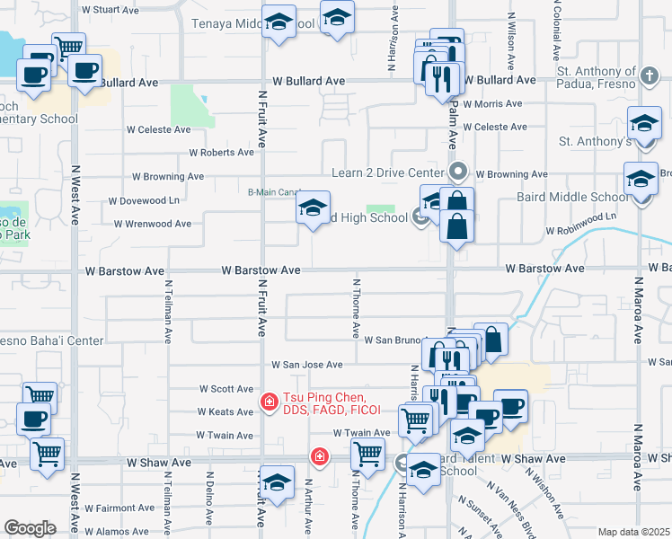 map of restaurants, bars, coffee shops, grocery stores, and more near 1266 West Barstow Avenue in Fresno