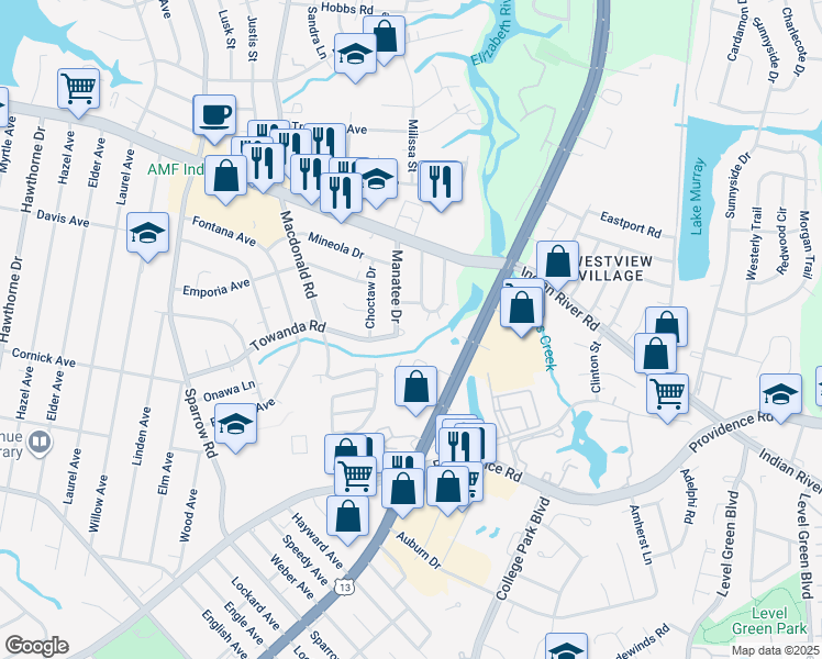 map of restaurants, bars, coffee shops, grocery stores, and more near 1049 Towanda Road in Virginia Beach