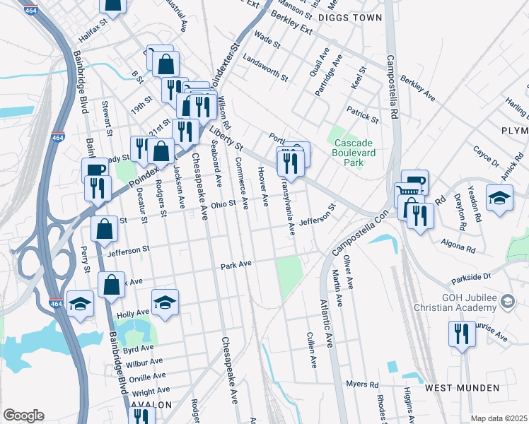 map of restaurants, bars, coffee shops, grocery stores, and more near 1218 Hoover Avenue in Chesapeake