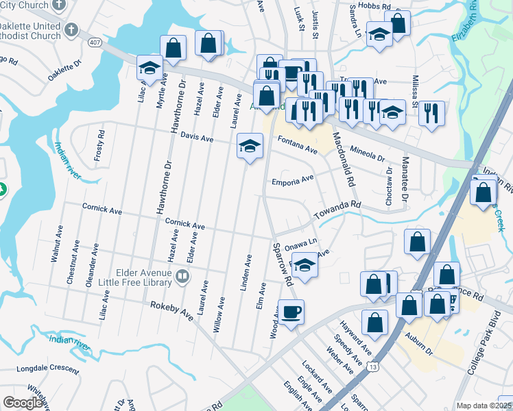 map of restaurants, bars, coffee shops, grocery stores, and more near 1307 Linden Avenue in Chesapeake