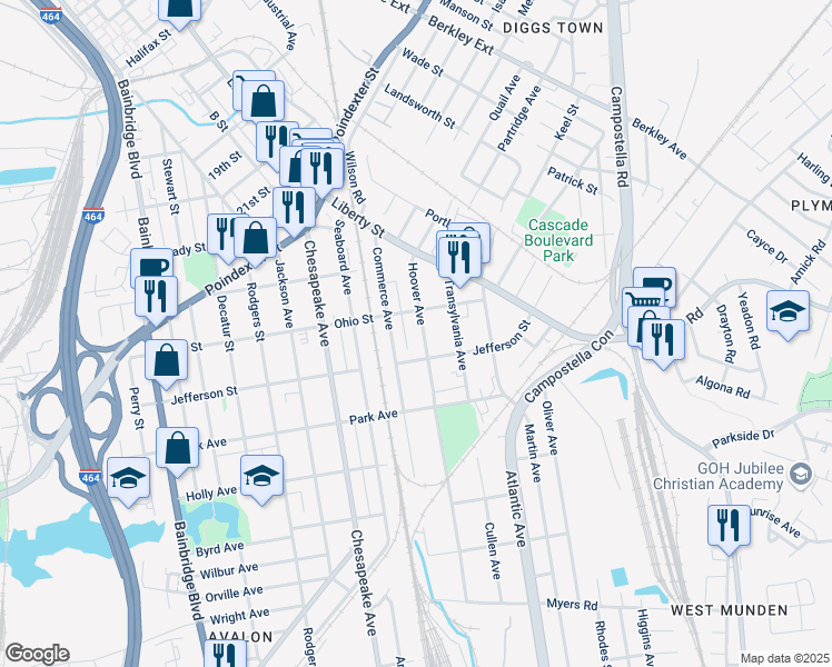 map of restaurants, bars, coffee shops, grocery stores, and more near 1216 Hoover Avenue in Chesapeake