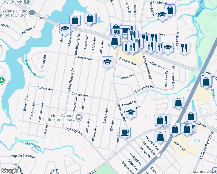 map of restaurants, bars, coffee shops, grocery stores, and more near 1307 Linden Avenue in Chesapeake