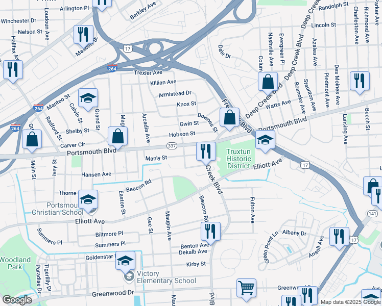 map of restaurants, bars, coffee shops, grocery stores, and more near 39 Manly Street in Portsmouth