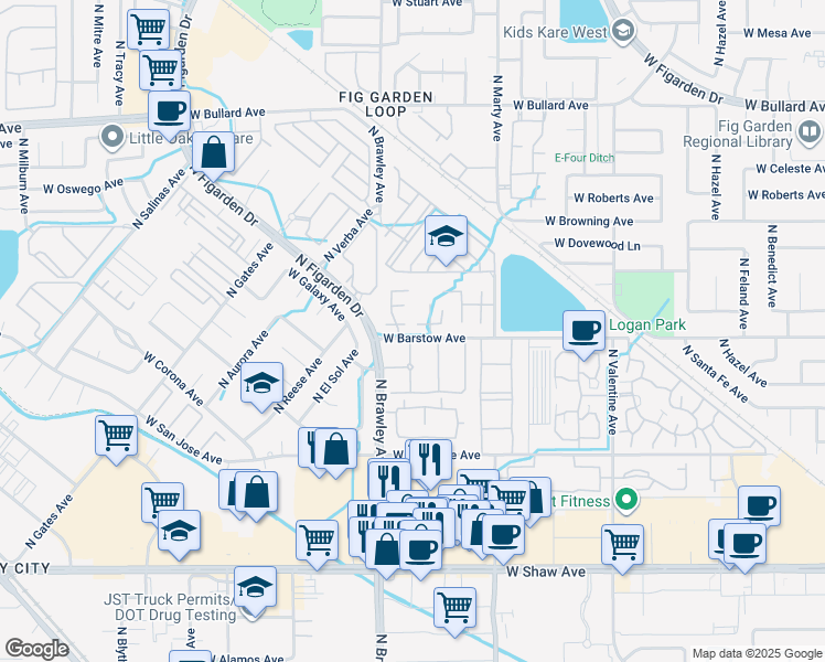 map of restaurants, bars, coffee shops, grocery stores, and more near 3770 West Barstow Avenue in Fresno