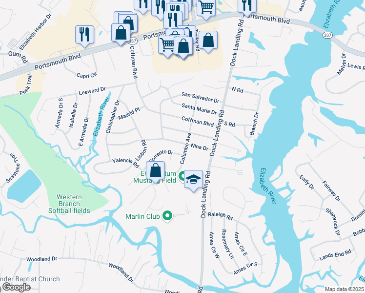map of restaurants, bars, coffee shops, grocery stores, and more near 4101 Nina Drive in Chesapeake