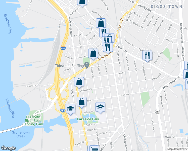 map of restaurants, bars, coffee shops, grocery stores, and more near 1145 Decatur Street in Chesapeake
