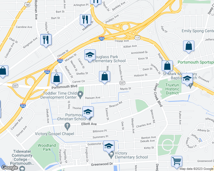 map of restaurants, bars, coffee shops, grocery stores, and more near 3003 Portsmouth Boulevard in Portsmouth