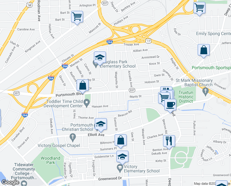 map of restaurants, bars, coffee shops, grocery stores, and more near 3003 Portsmouth Boulevard in Portsmouth