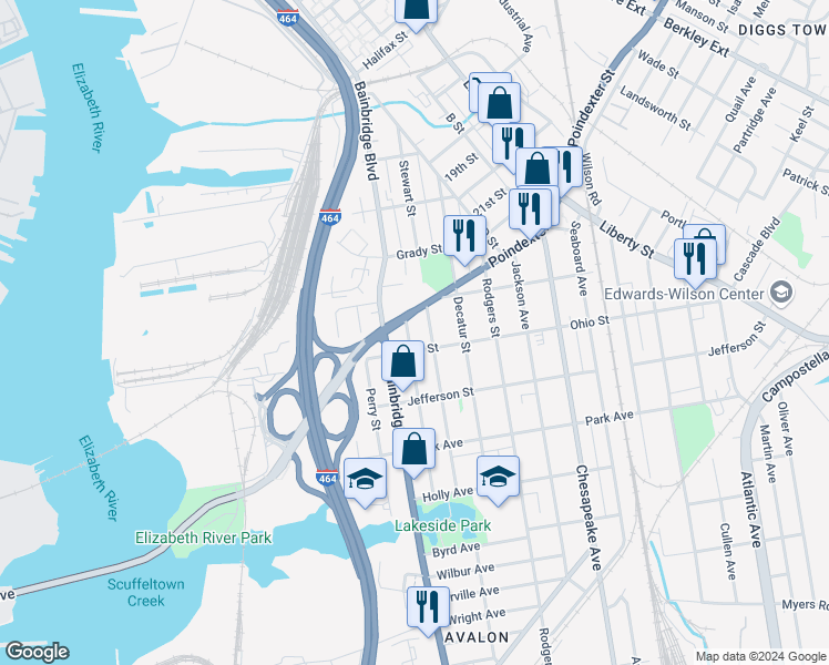 map of restaurants, bars, coffee shops, grocery stores, and more near 1117 Hull Street in Chesapeake