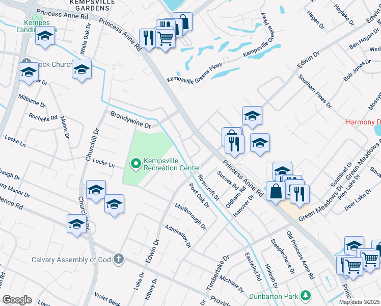 map of restaurants, bars, coffee shops, grocery stores, and more near 4786 Rosecroft Street in Virginia Beach