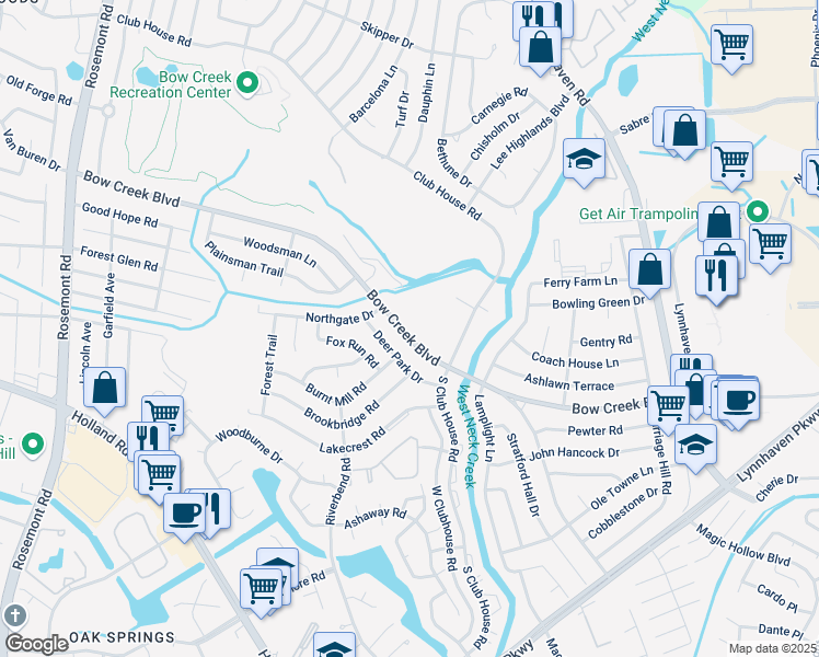 map of restaurants, bars, coffee shops, grocery stores, and more near 3236 Bow Creek Boulevard in Virginia Beach