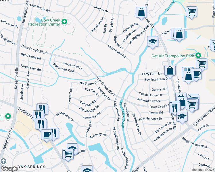 map of restaurants, bars, coffee shops, grocery stores, and more near 3236 Bow Creek Boulevard in Virginia Beach
