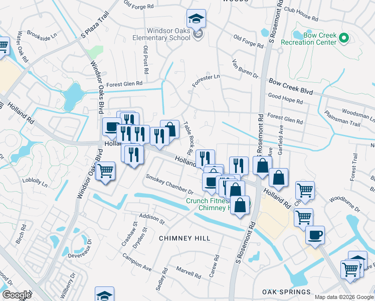 map of restaurants, bars, coffee shops, grocery stores, and more near 633 Table Rock Road in Virginia Beach