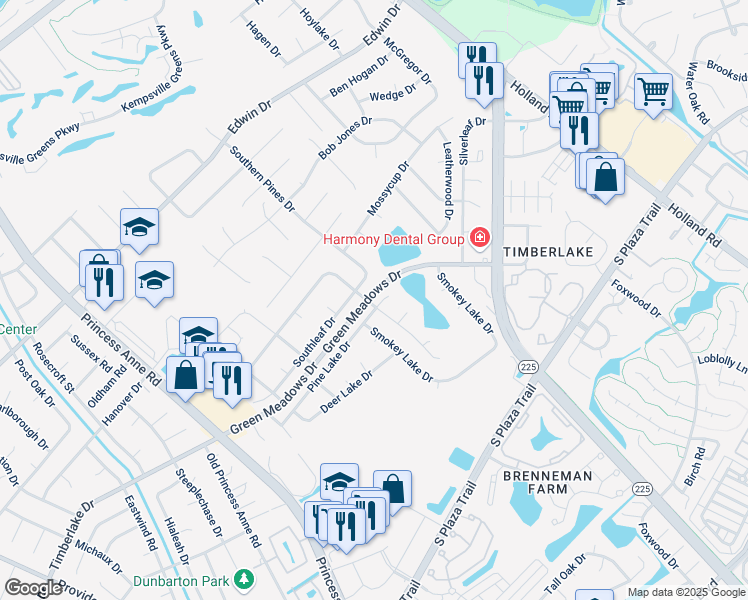 map of restaurants, bars, coffee shops, grocery stores, and more near 4566 Southern Pines Drive in Virginia Beach