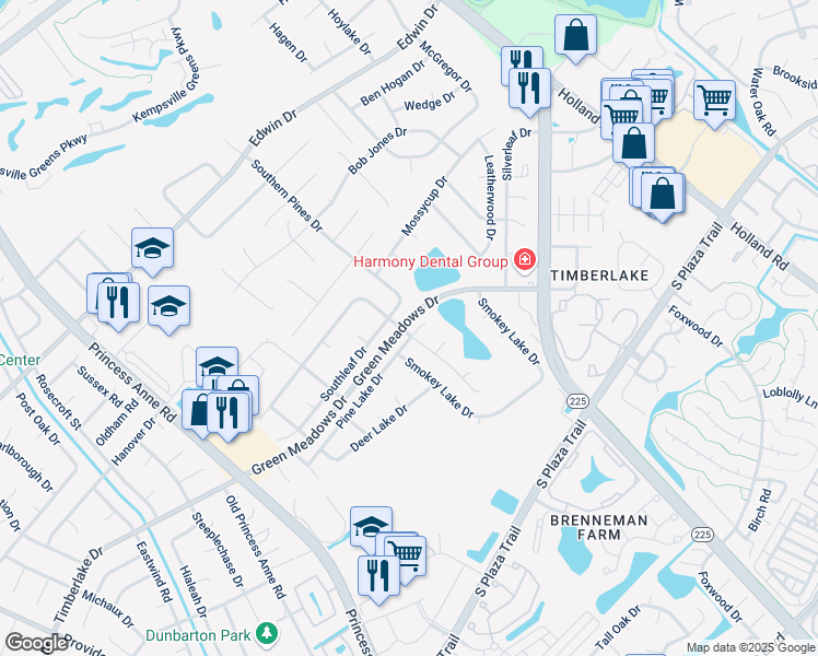 map of restaurants, bars, coffee shops, grocery stores, and more near 4566 Southern Pines Drive in Virginia Beach