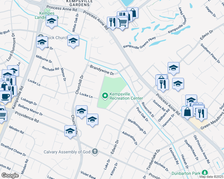 map of restaurants, bars, coffee shops, grocery stores, and more near 800 Monmouth Lane in Virginia Beach
