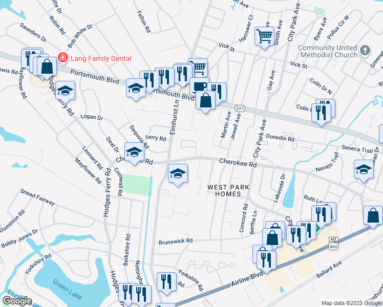 map of restaurants, bars, coffee shops, grocery stores, and more near 1000 Cherokee Road in Portsmouth