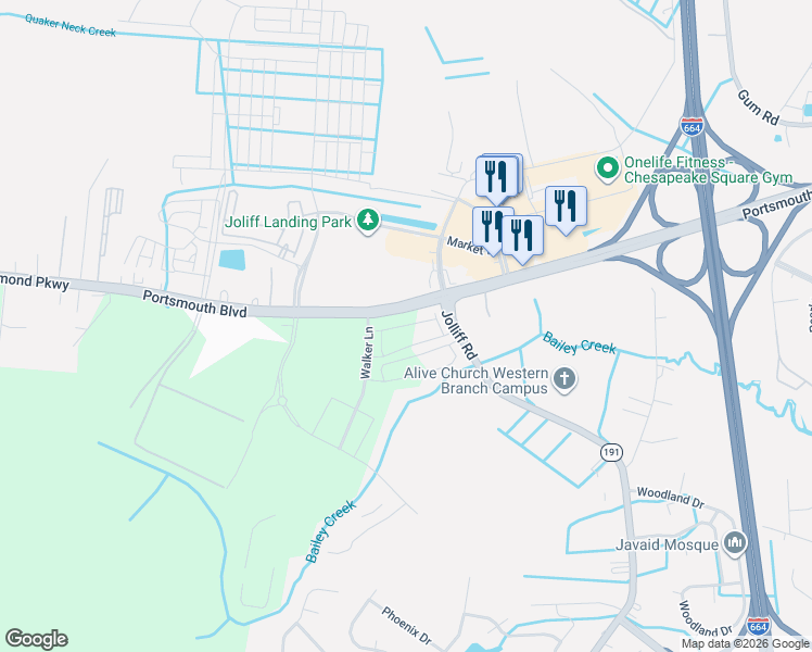 map of restaurants, bars, coffee shops, grocery stores, and more near 4908 Portsmouth Boulevard in Chesapeake